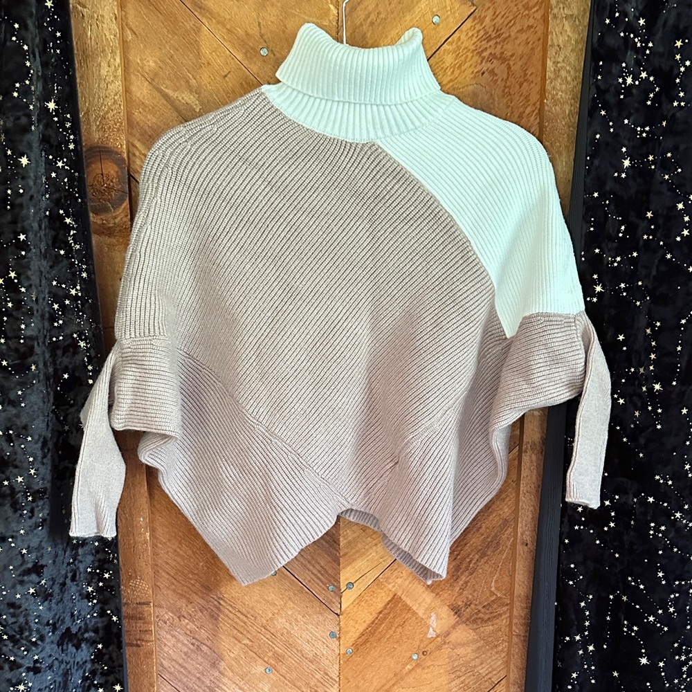 Chicwish Two-Tone Turtleneck Poncho Sweater in Cream and Taupe